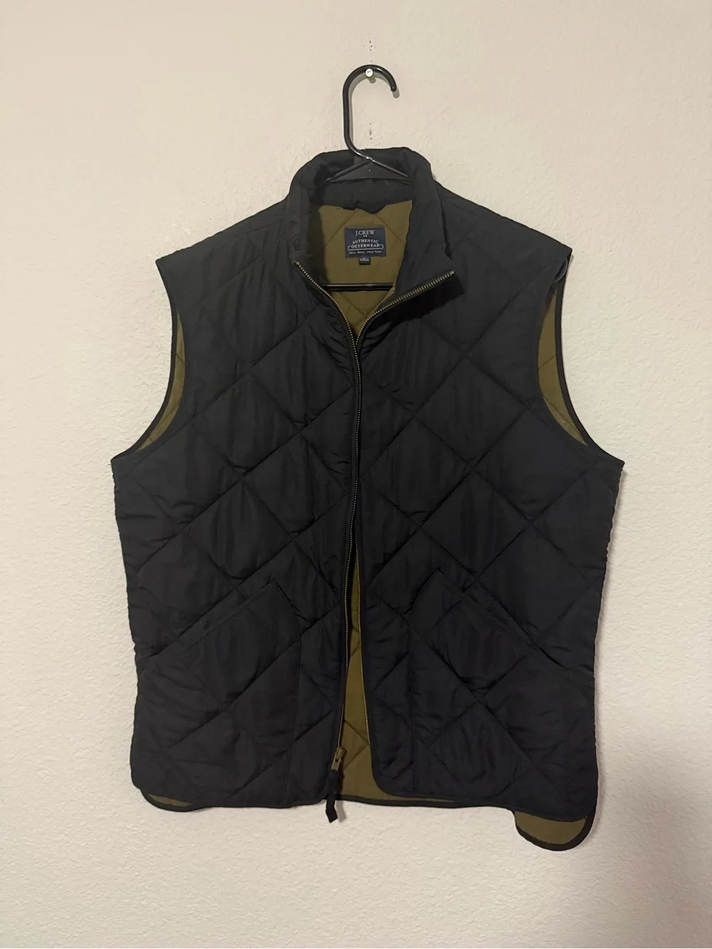 J. Crew Factory Black Quilted Vest with Olive Reversible Lining